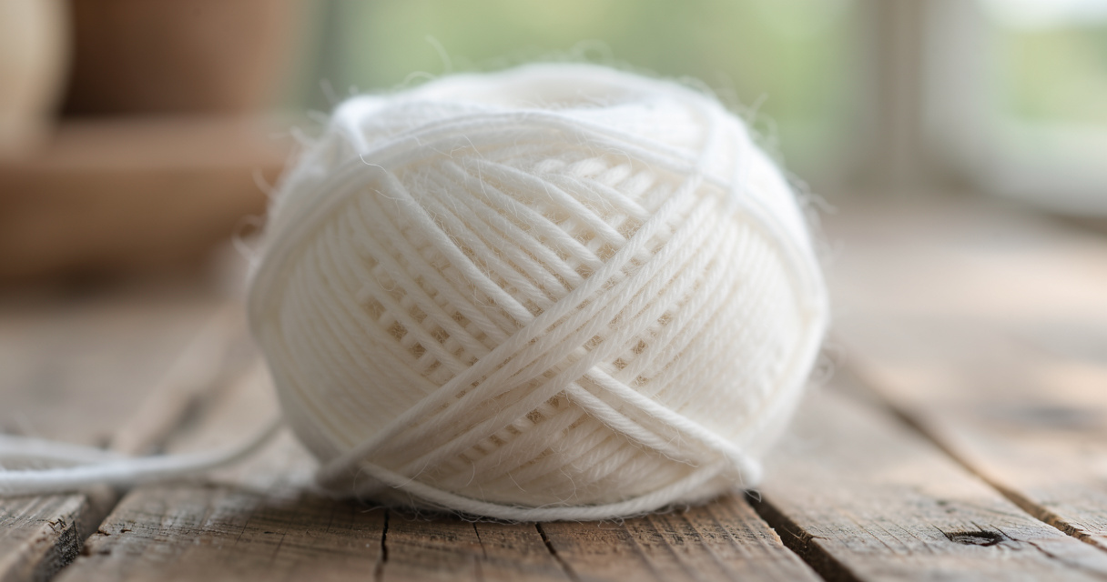 Pelote de laine angora blanche sur une surface en bois rustique, texture douce et luxueuse
