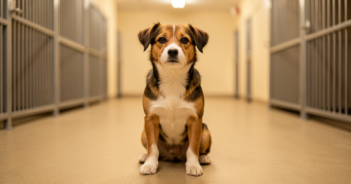 Petit chien croisé assis dans un refuge en attente d'adoption gratuite