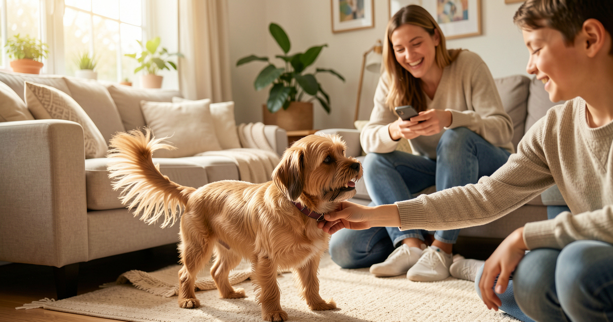 Famille accueillant un petit chien adopté gratuitement dans un salon lumineux