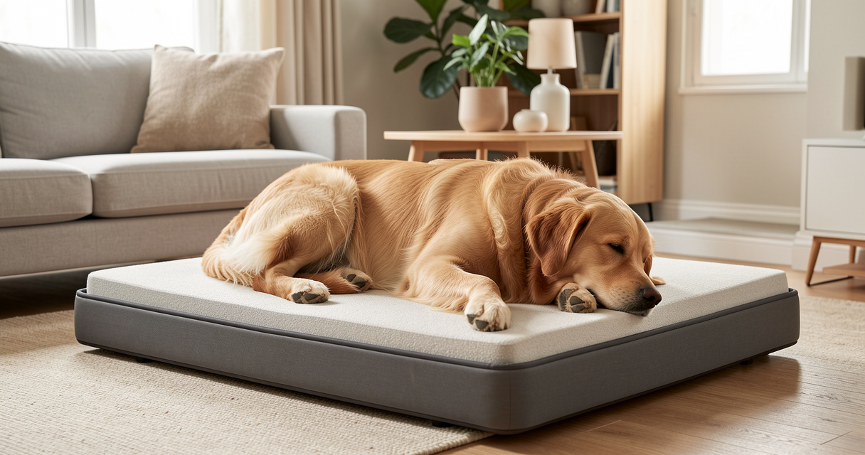Chien golden retriever allongé sur un lit orthopédique design dans un salon clair