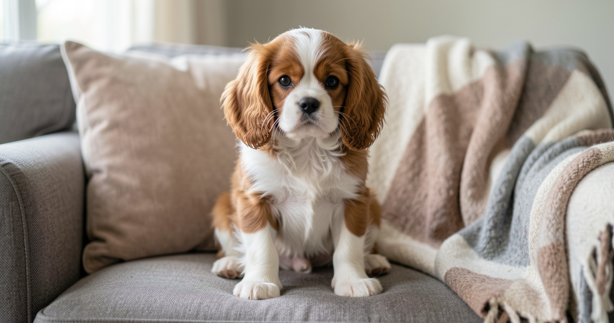 Chiot Cavalier King Charles mignon posé sur un canapé confortable