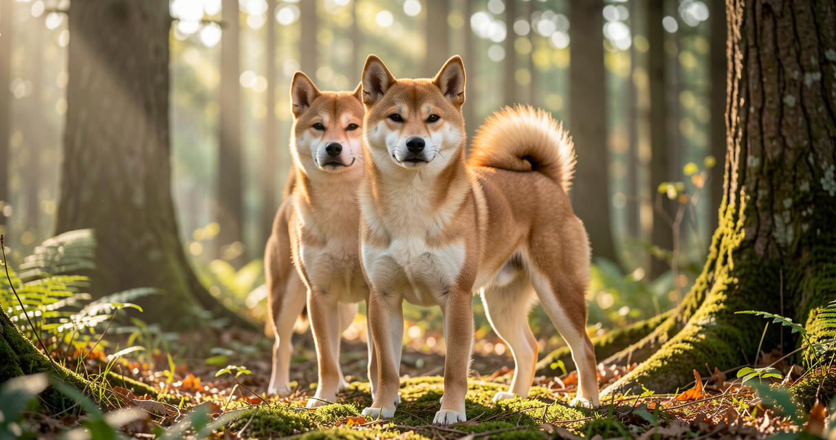 Shiba Inu mignon au regard intelligent dans une forêt ensoleillée
