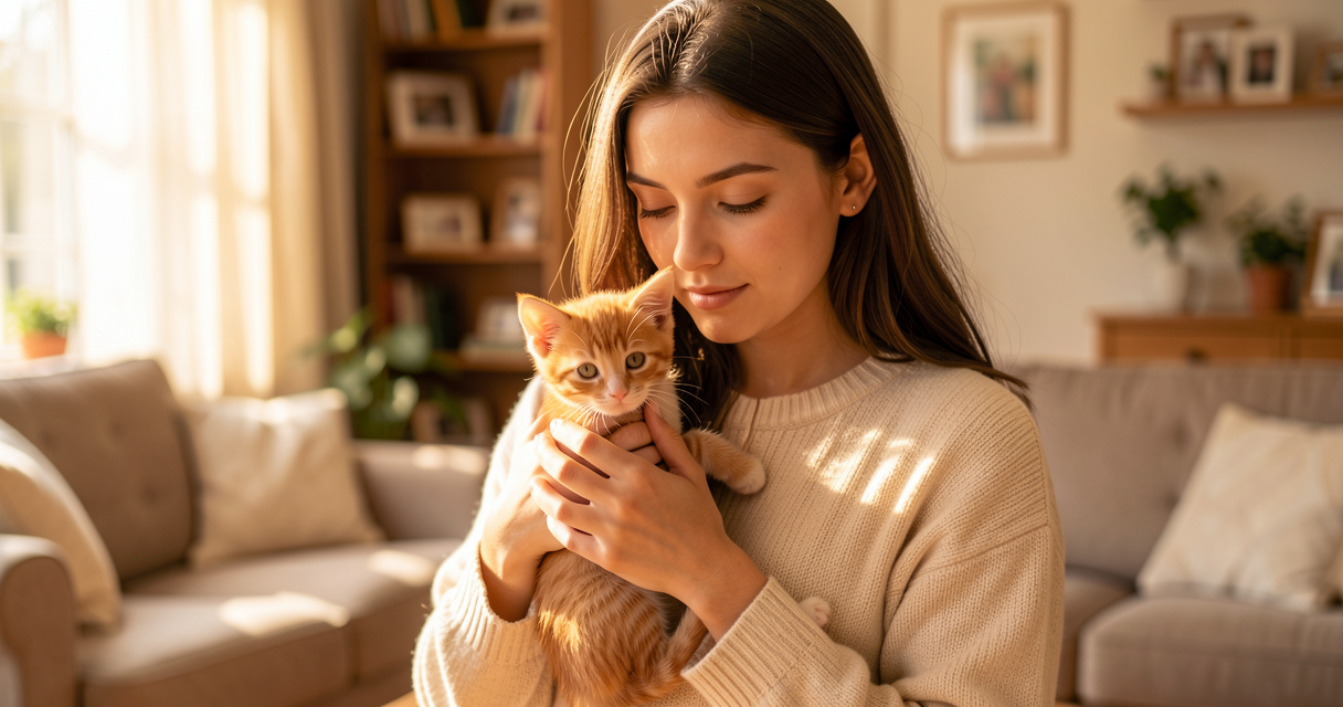 Jeune femme adoptant un chaton roux dans un salon, ambiance chaleureuse