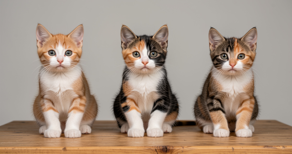 Trois chatons à donner assis sur une table en bois, couleurs variées, adoption responsable