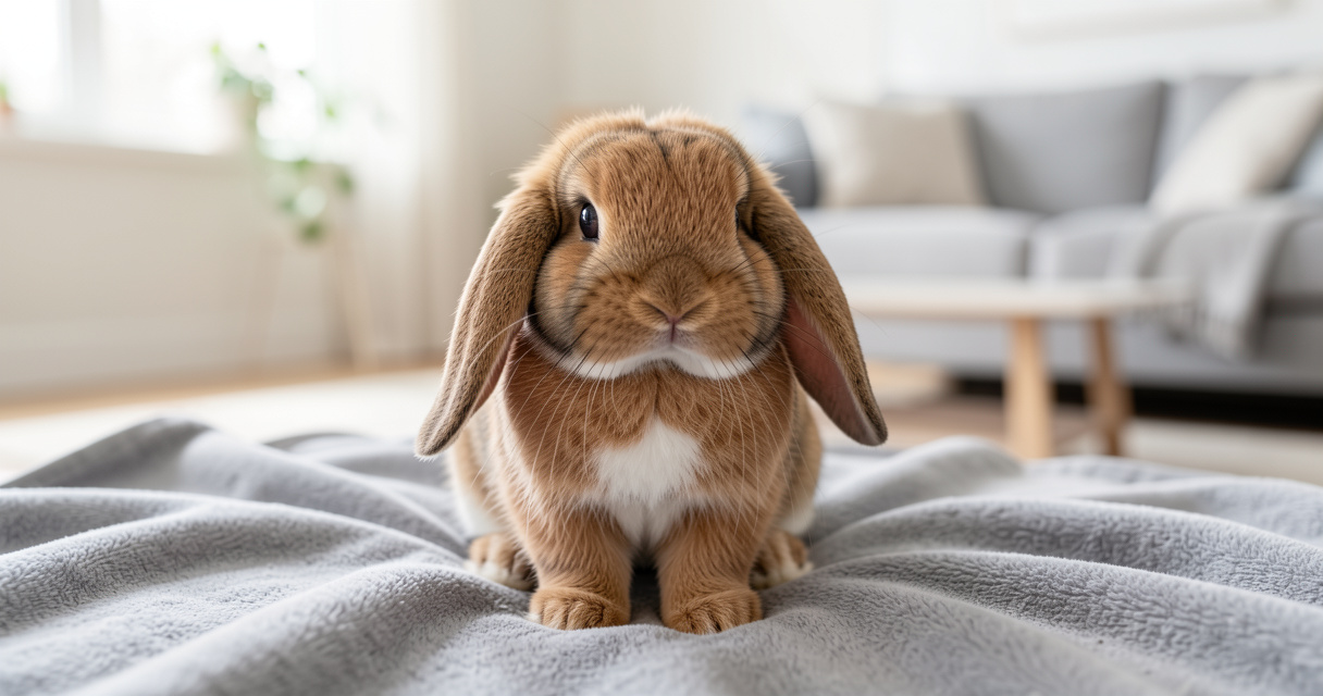 Lapin nain bélier aux longues oreilles tombantes dans un intérieur confortable
