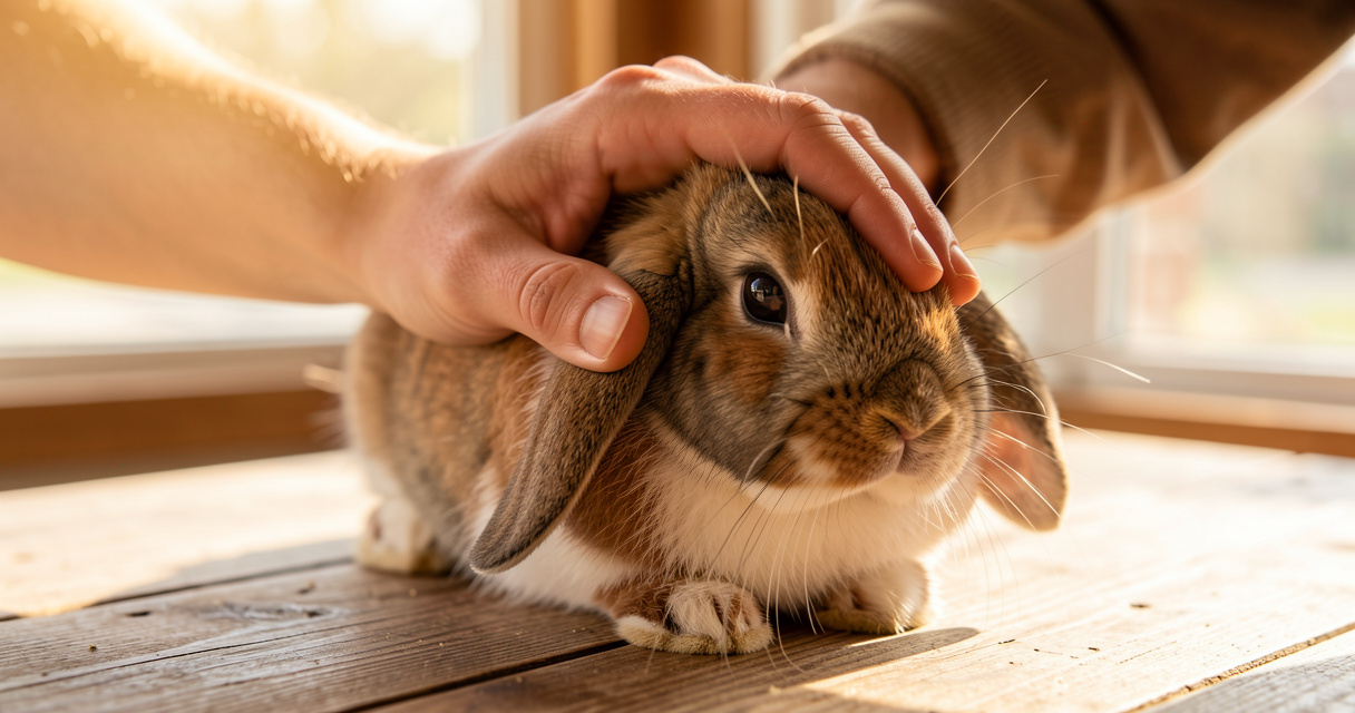 Interaction affectueuse entre un lapin nain bélier et son propriétaire