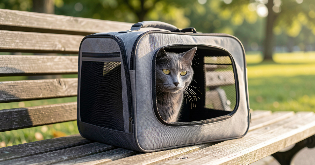 Sac de transport pour chat posé sur un banc avec un chat gris curieux à l'intérieur