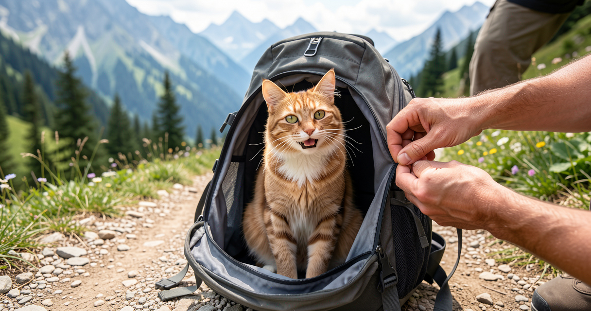 Sac à dos pour chat utilisé en randonnée avec un chat confortablement installé, vue extérieure
