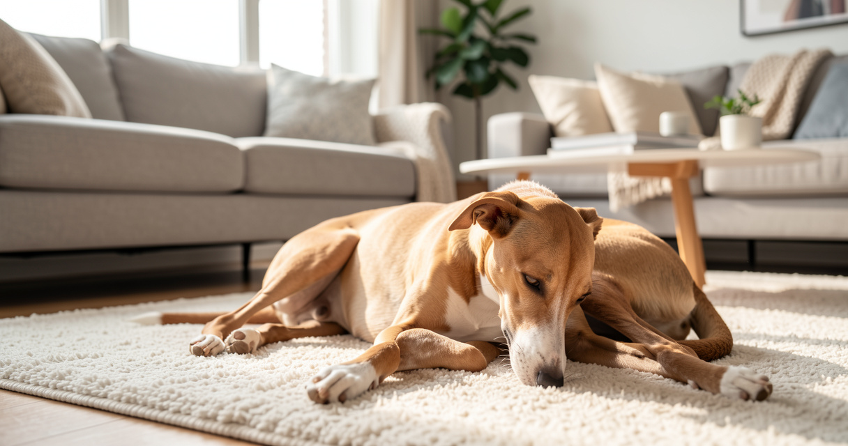 Whippet de taille moyenne calme et allongé dans un salon lumineux, race de chien d'appartement