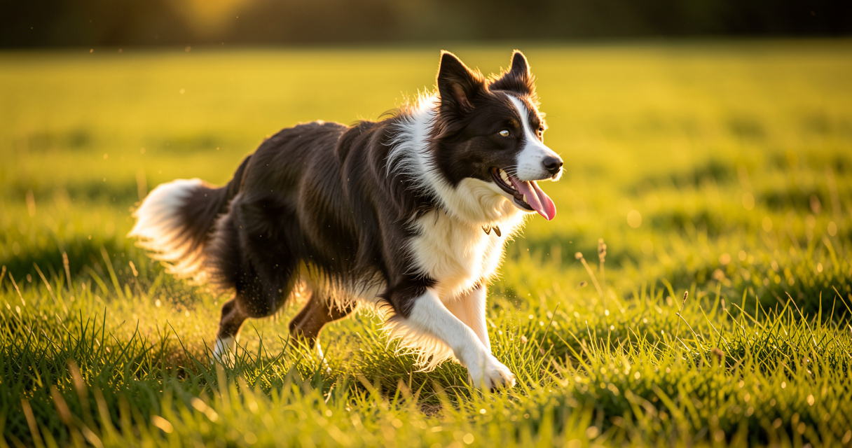 Border Collie en plein running dans un champ, chien de taille moyenne sportif et intelligent
