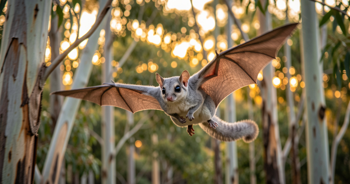 Sugar glider en plein vol plané dans une forêt australienne
