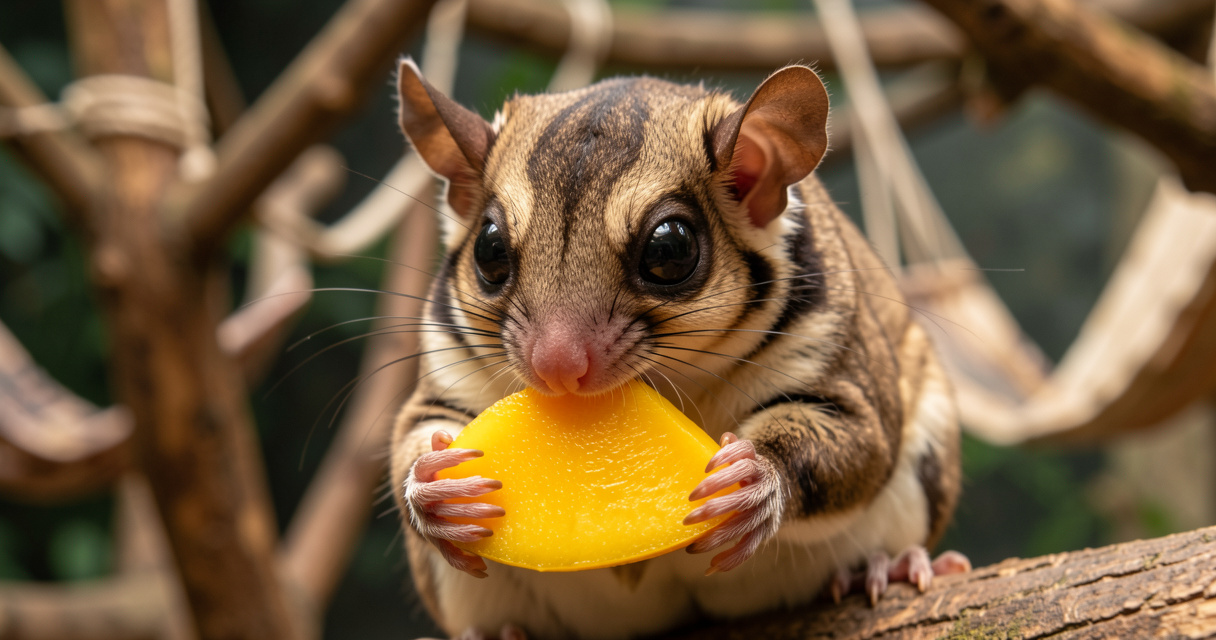 Sugar glider mangeant une tranche de mangue en gros plan