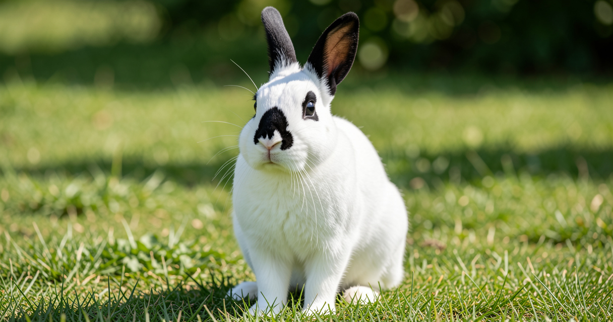 Lapin papillon géant français avec robe blanche et taches noires dans un jardin