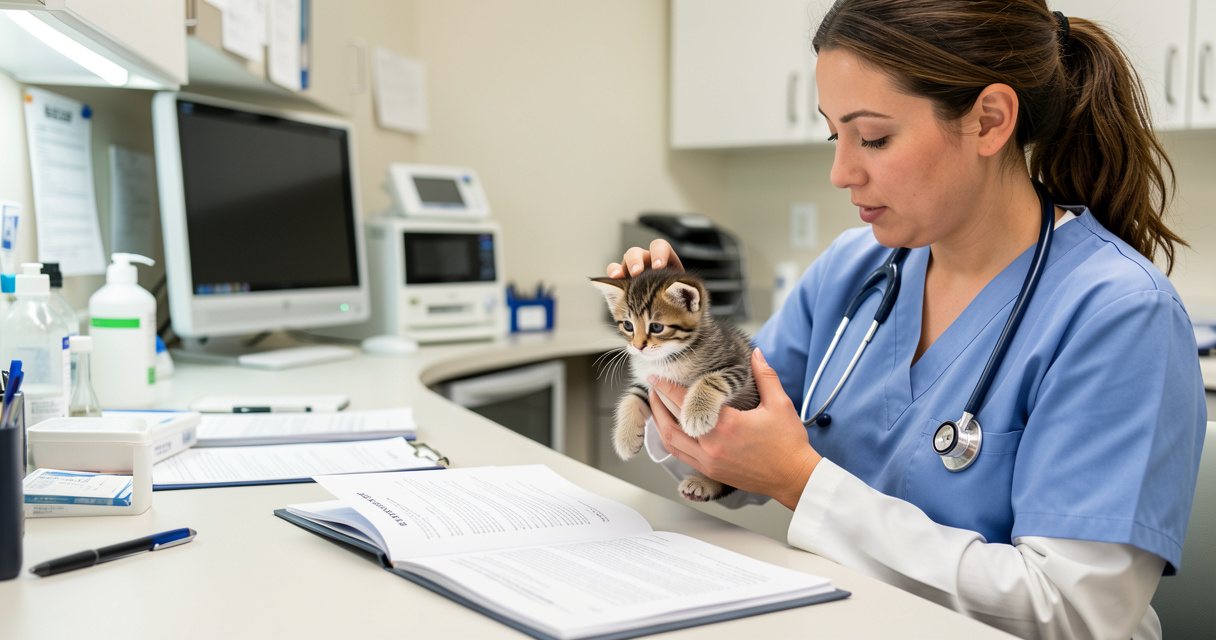Vétérinaire examinant un chaton et tenant un certificat vétérinaire sur son bureau
