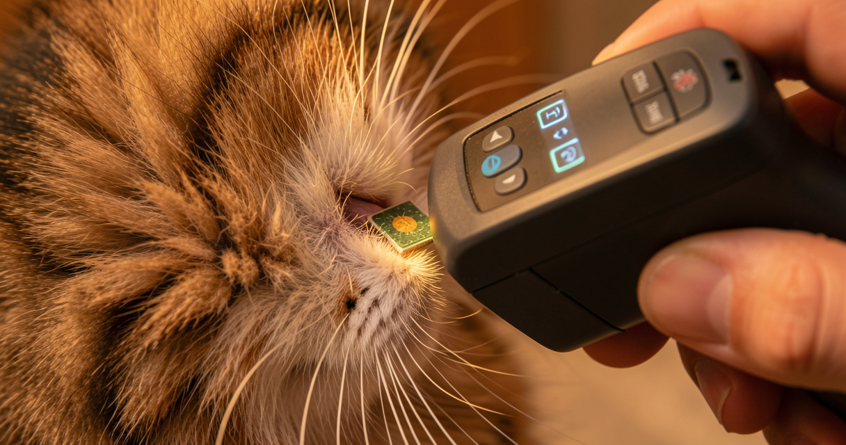 Puce électronique posée sur un chaton lors de l'identification chez le vétérinaire