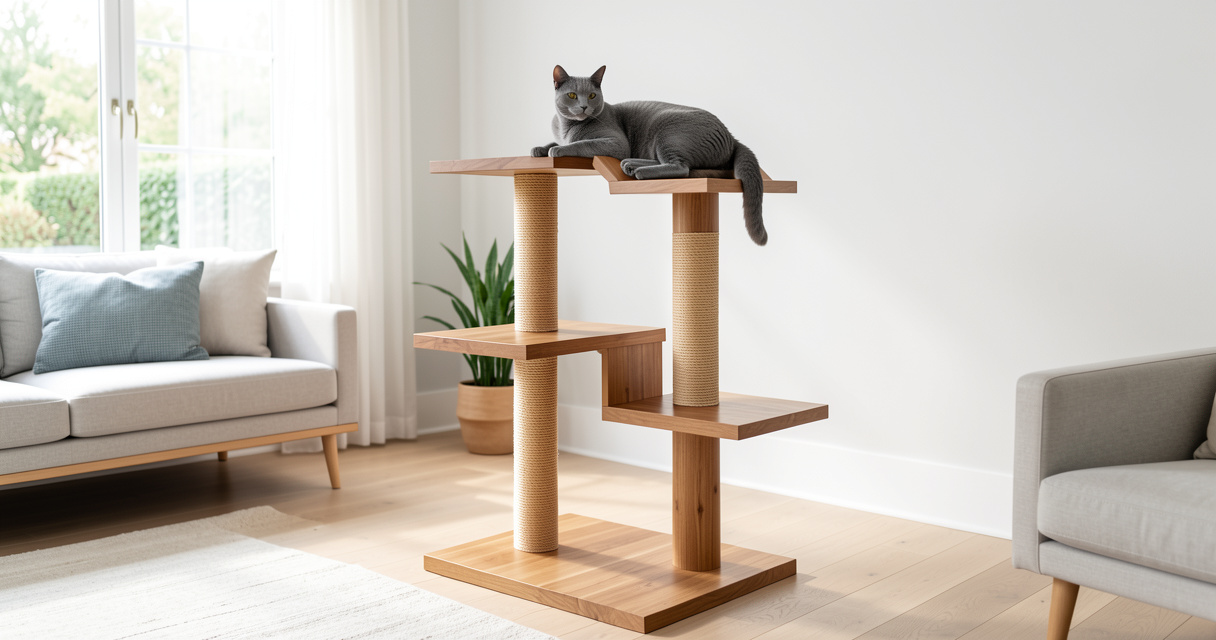 Arbre à chat en bois design avec plateformes et corde sisal dans un salon lumineux
