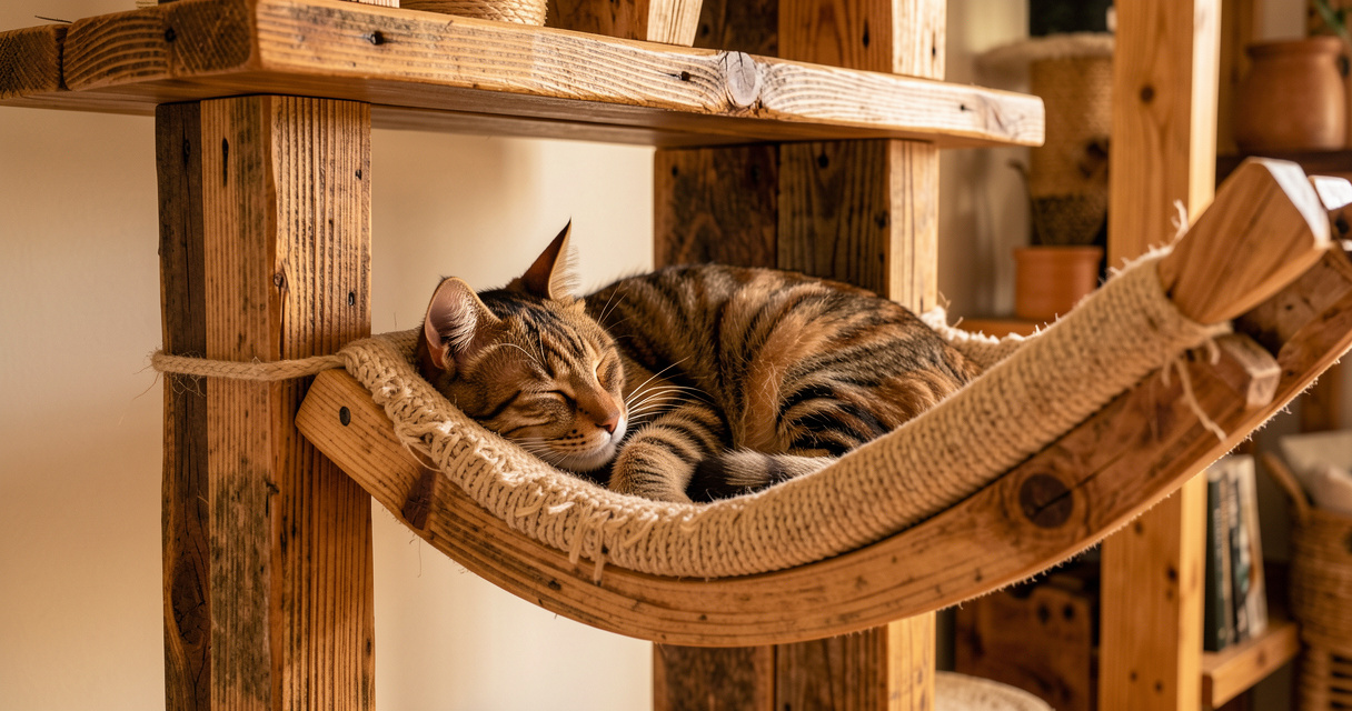 Arbre à chat en bois recyclé avec hamac, artisanat pour le bien-être du chat