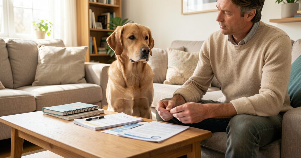 Chien assis près de documents pour comparer une assurance santé animale