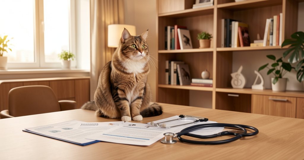 Un chat tigré assis sereinement à côté d'un stéthoscope et de documents d'assurance pour animaux de compagnie