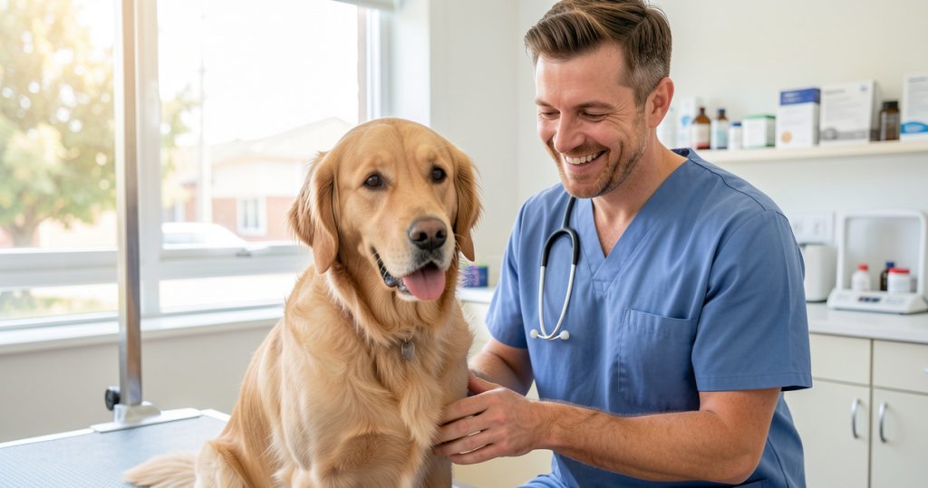 Propriétaire et son chien chez le vétérinaire pour une consultation de contrôle