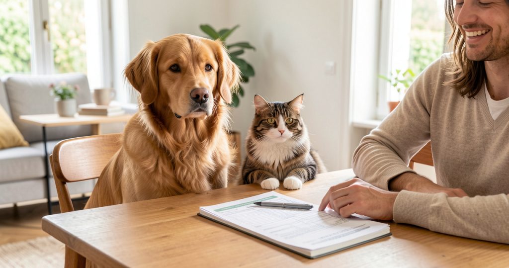 Un chien et un chat près de leur propriétaire qui compare des garanties santé animale.