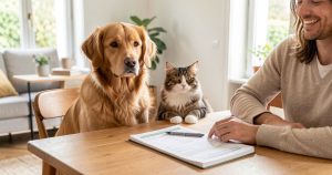 Un chien et un chat près de leur propriétaire qui compare des garanties santé animale.