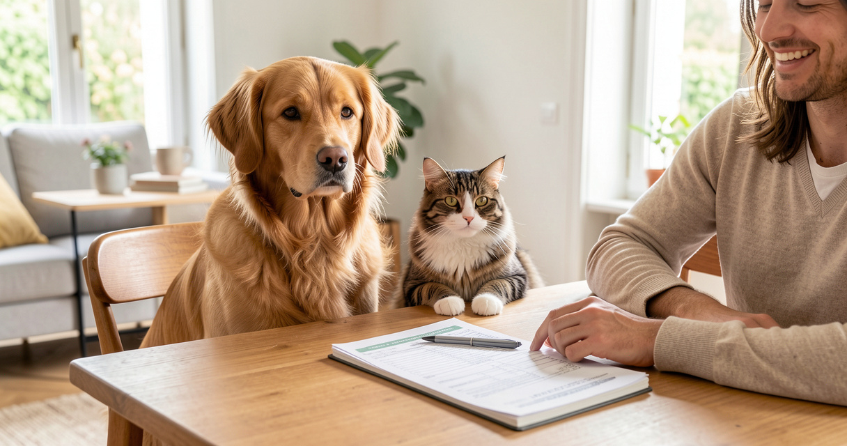Un chien et un chat près de leur propriétaire qui compare des garanties santé animale.