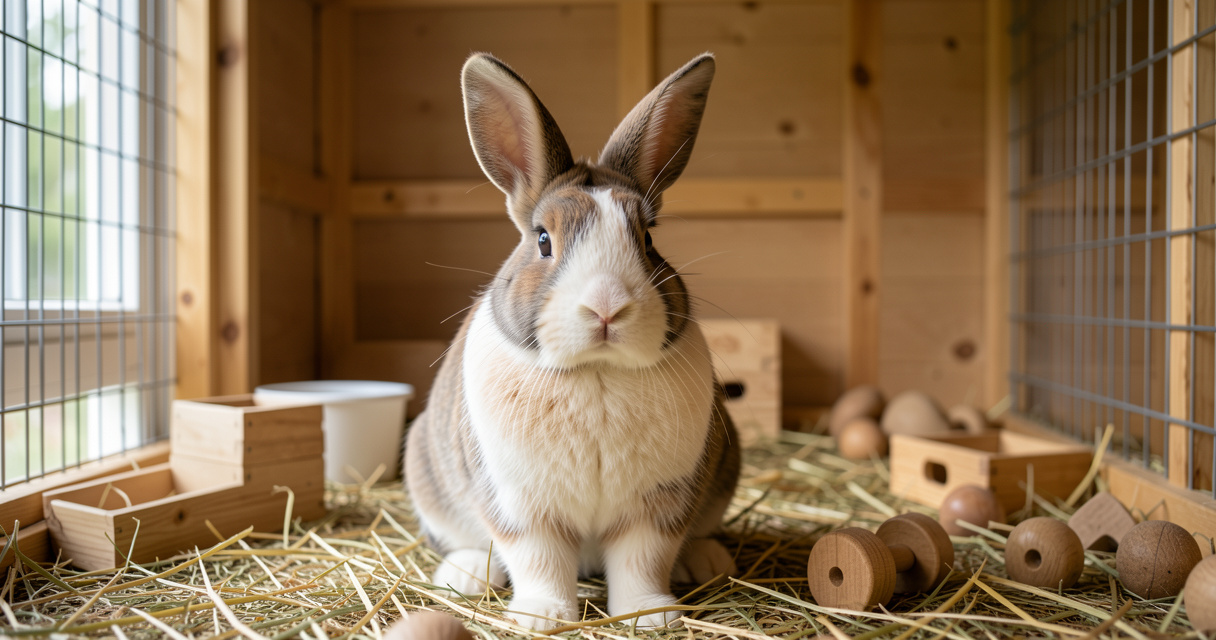 Lapin géant des Flandres dans un enclos spacieux avec foin et jouets à ronger