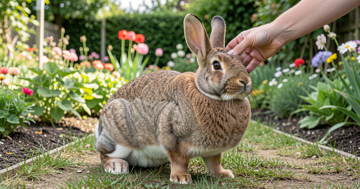 Taille d'un lapin géant des Flandres comparée à la main d'une adulte au jardin