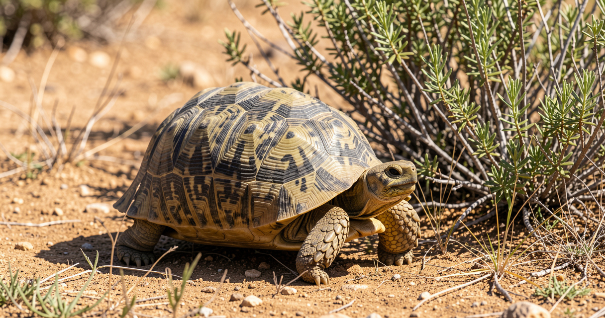 Tortue grecque dans la garrigue, carapace olive ornée de taches sombres