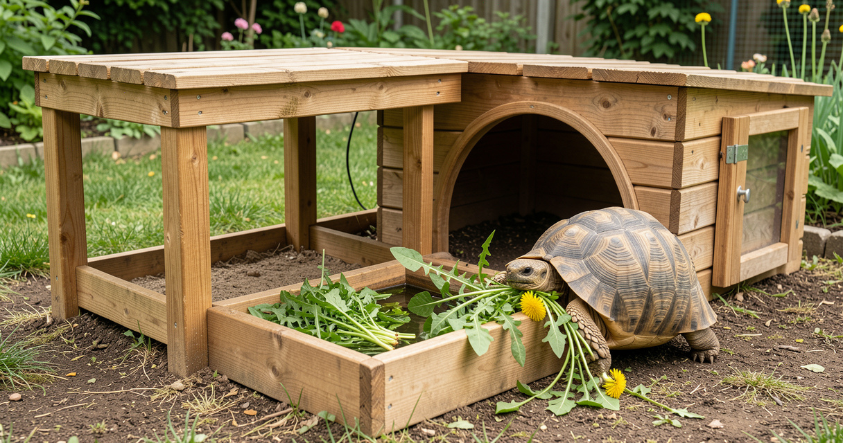 Tortue grecque dans un enclos extérieur en bois, avec eau et plantes à manger