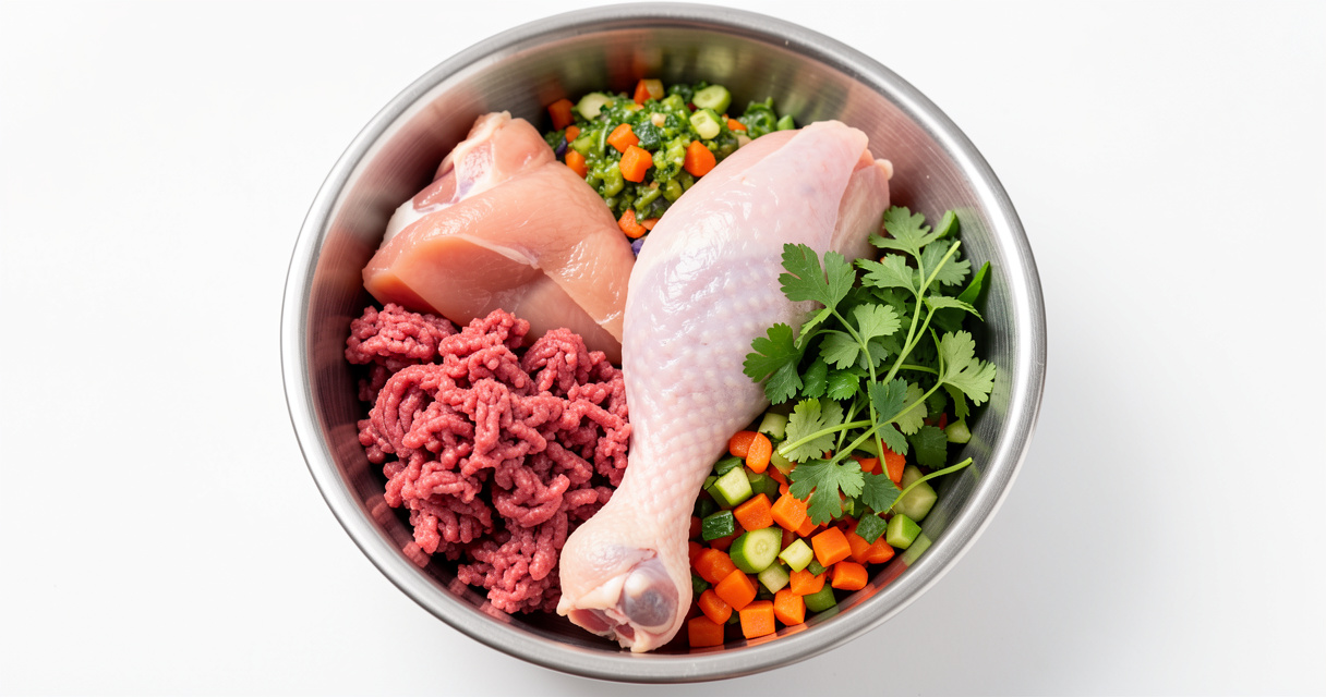 Bol de viande crue pour repas BARF chien avec légumes mixés, photo pro