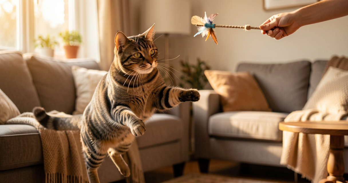 Jeu pour chat avec plumeau : chaton qui bondit pour attraper une plume