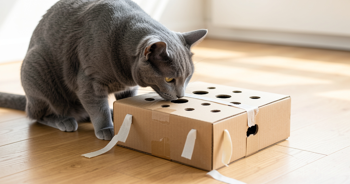 Jeu pour chat fait maison : boîte à trous en carton avec friandises cachées