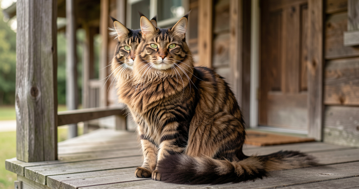 Chat Mencoune Maine Coon roux à plumets posé sur une terrasse en bois
