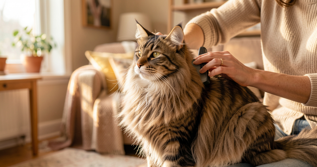 Brossage du pelage d'un chat Mencoune Maine Coon au poil long et soyeux