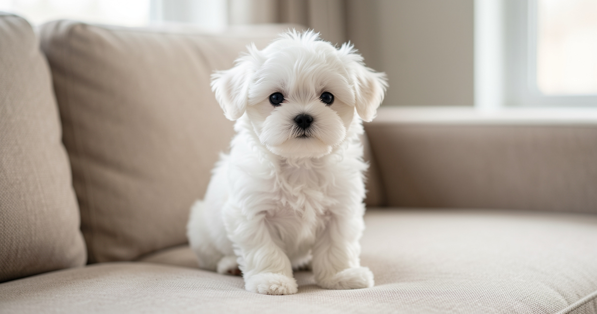 Petit chien mignon bichon maltais blanc assis sur canapé, regard doux