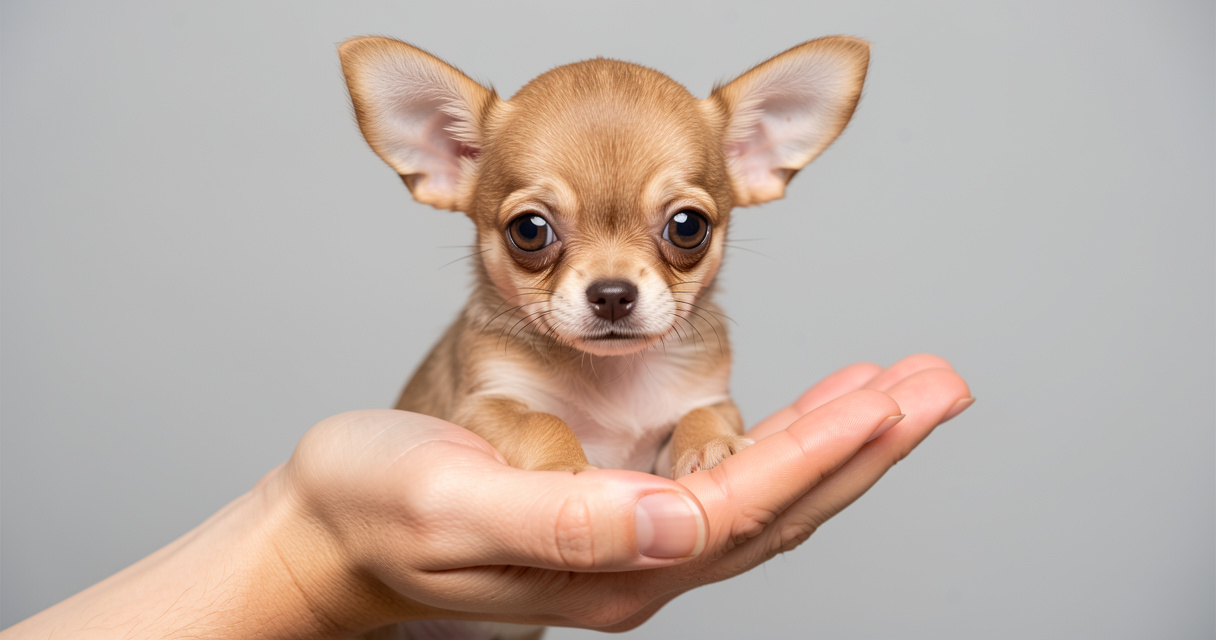 Petit chien mignon chihuahua fauve tenu dans les mains, air doux