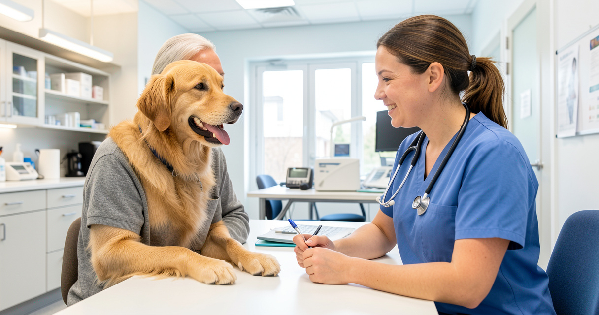 Propriétaire examinant un contrat de mutuelle chien et consultant un vétérinaire