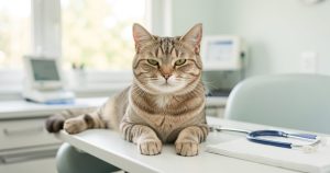 Chat domestique lors d'une consultation vétérinaire pour un bilan de santé animale couvert par une mutuelle chat