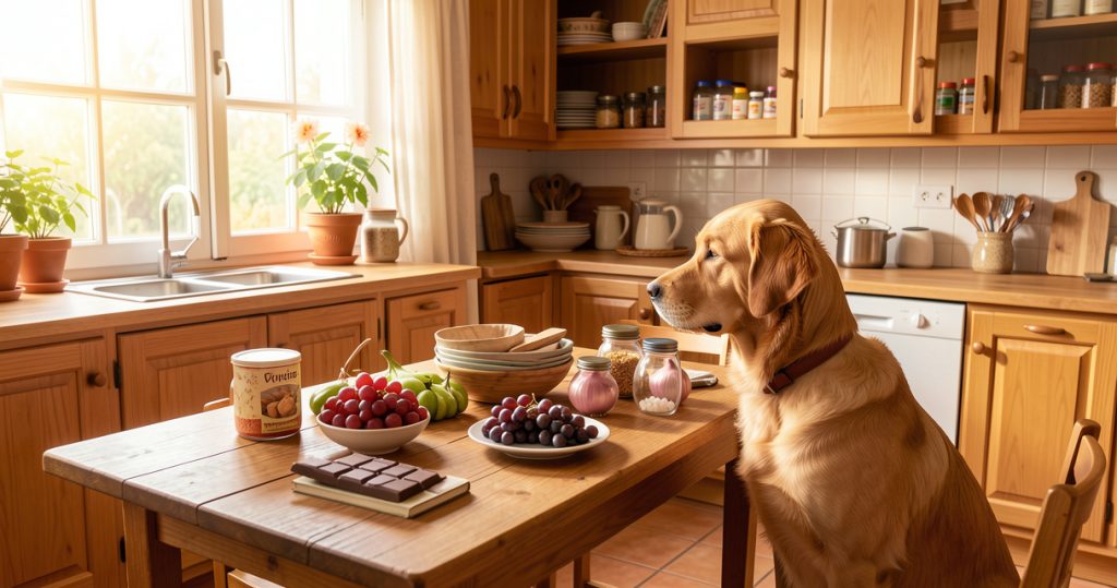 Chien dans une cuisine sécurisée avec des aliments dangereux rangés hors de portée.