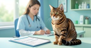 Chat tigré près d'un dossier de comparaison de mutuelle santé animale.