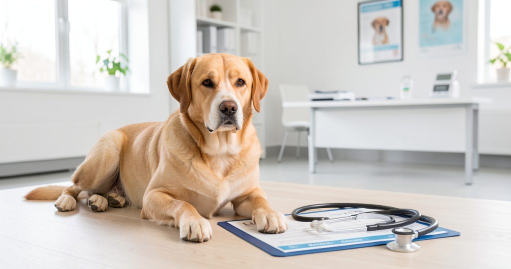 Un chien lors d'une consultation vétérinaire illustrant l'assurance et la santé animale