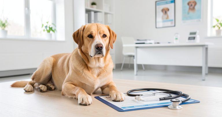 Un chien lors d'une consultation vétérinaire illustrant l'assurance et la santé animale