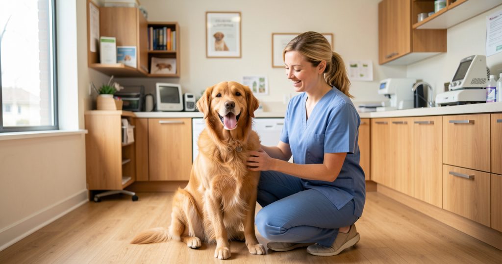 Propriétaire et son chien chez le vétérinaire pour une consultation de santé canine