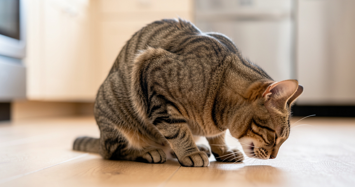 Chat qui vomit, dos arrondi et tête baissée dans la posture typique