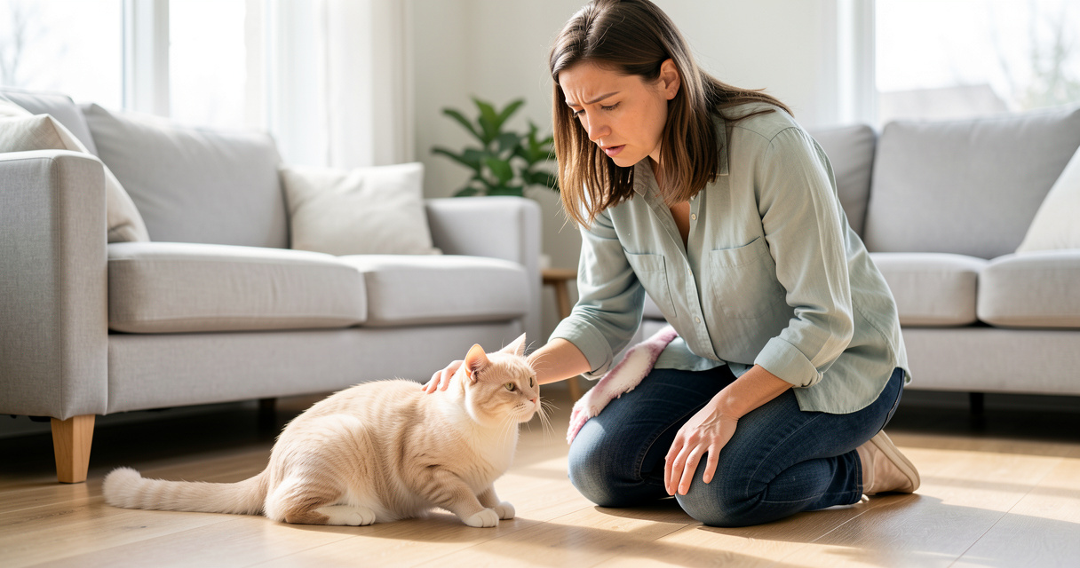 Propriétaire observant son chat qui vomit après le repas