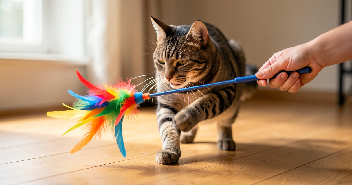 Un chat joue avec une canne à pêche, un jeu pour chat stimulant