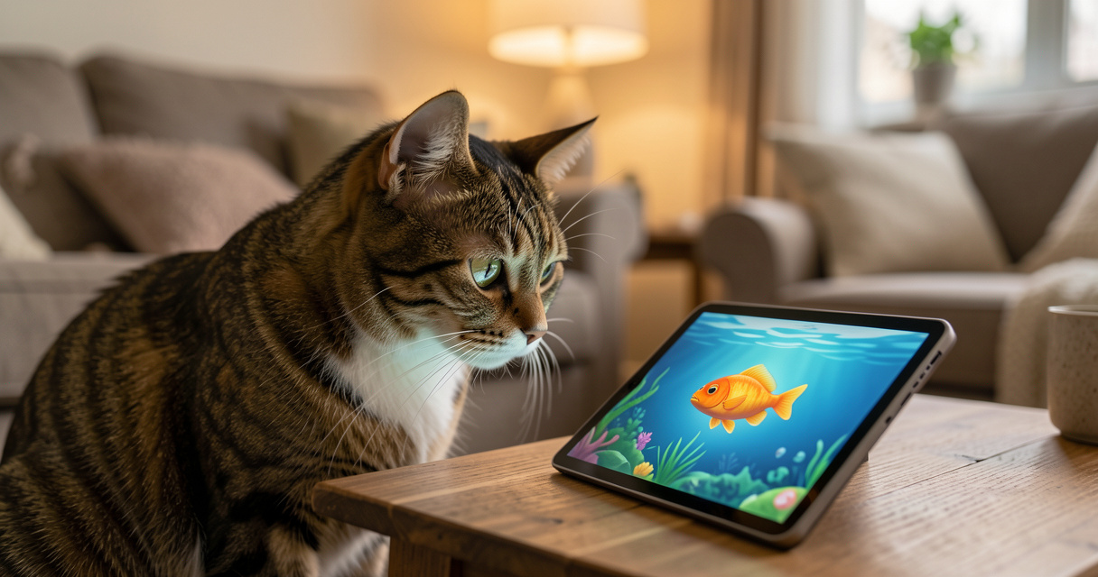Jeux pour chat sur tablette : un félin captivé par l'écran interactif
