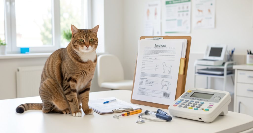 Un chat assis à côté d'un dossier de soins vétérinaires et d'un stéthoscope